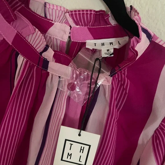 THML Blouse Women’s Sz M Davis Striped Pink/Purple Feminine Chic Summer NWT - Picture 2 of 10